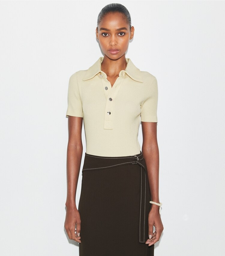 Tory Burch designer sweaters Viscose Ribbed Polo Sweater in Stone on model detail