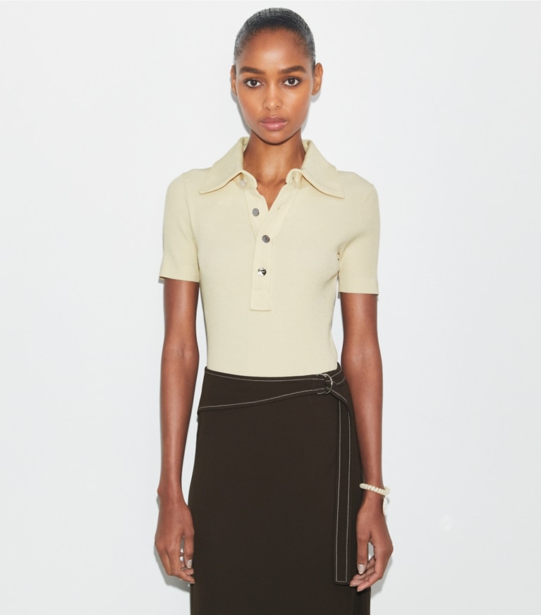 Tory Burch designer sweaters Viscose Ribbed Polo Sweater in Stone front