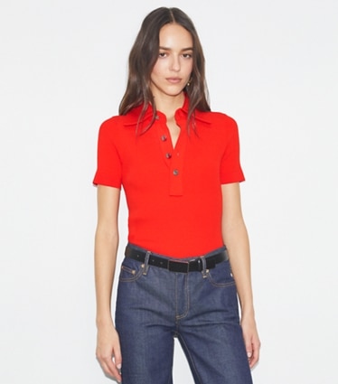 Tory Burch designer sweaters Viscose Ribbed Polo Sweater in Blazing Red on model detail