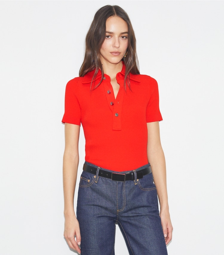 Tory Burch designer sweaters Viscose Ribbed Polo Sweater in Blazing Red on model detail