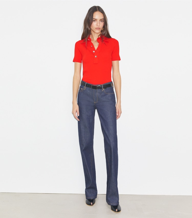 Tory Burch designer sweaters Viscose Ribbed Polo Sweater in Blazing Red on model front