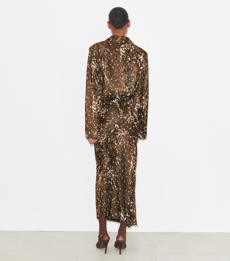 Tory Burch designer dresses Viscose Shirtdress in Chocolate Brown Fawn on model back