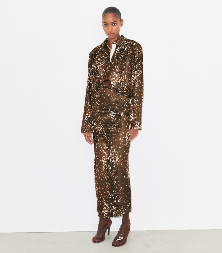 Tory Burch designer dresses Viscose Shirtdress in Chocolate Brown Fawn on model front