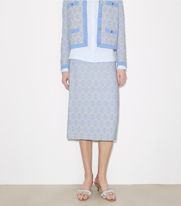 Tory Burch designer bottoms Viscose Skirt in Vanilla / Blue on model detail