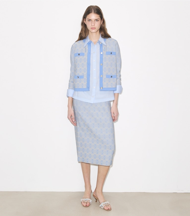 Tory Burch designer bottoms Viscose Skirt in Vanilla / Blue on model front