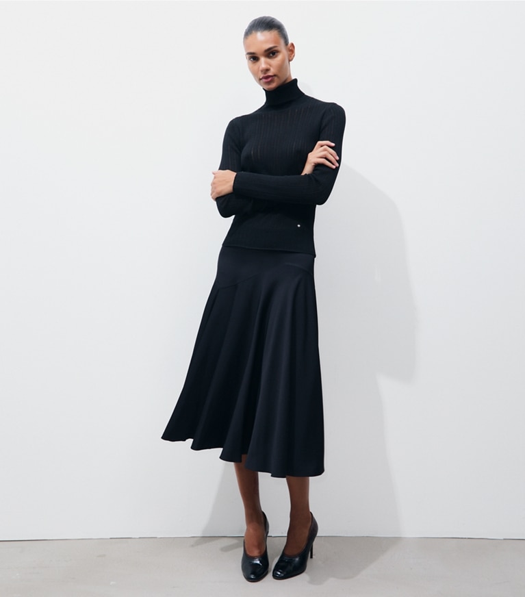 Tory Burch designer bottoms Viscose Skirt in BLACK on model front