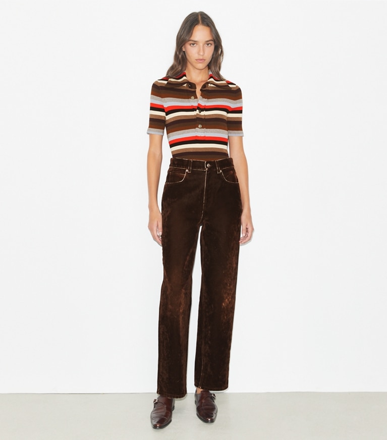 Tory Burch designer sweaters Viscose Striped Ribbed Polo in Red Evening Stripe Small front