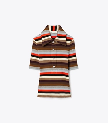 Tory Burch designer sweaters Viscose Striped Ribbed Polo in Red Evening Stripe Small front