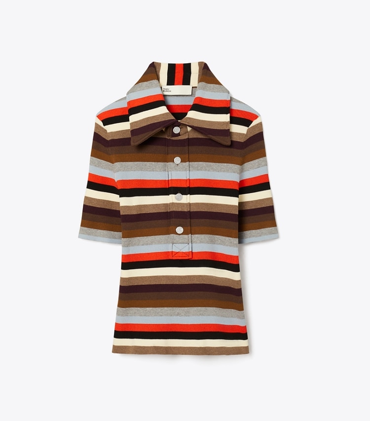 Tory Burch designer sweaters Viscose Striped Ribbed Polo in Red Evening Stripe Small front