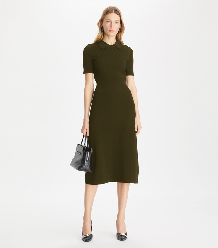 Tory Burch designer dresses Viscose Sweater Dress in Dark Rich Earth on model front