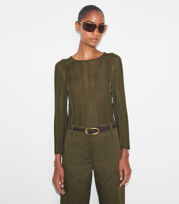 Tory Burch designer sweaters Viscose Sweater in Chocolate Hazelnut on model detail