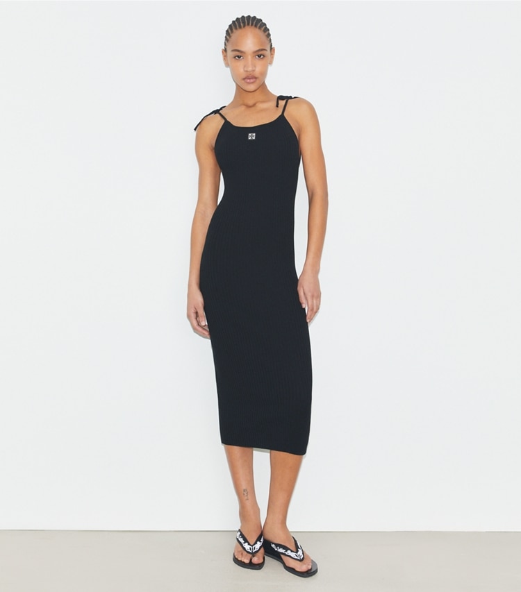 Tory Sport designer dresses Viscose Tank Dress in Black on model front