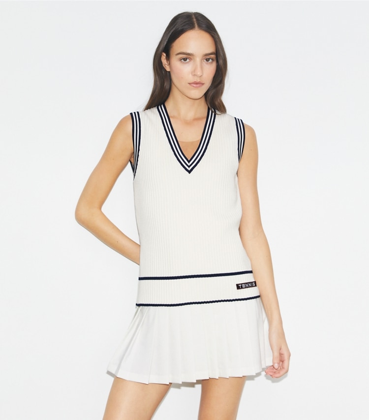 Tory Sport designer sweaters Viscose Tennis Vest in Snow White on model detail