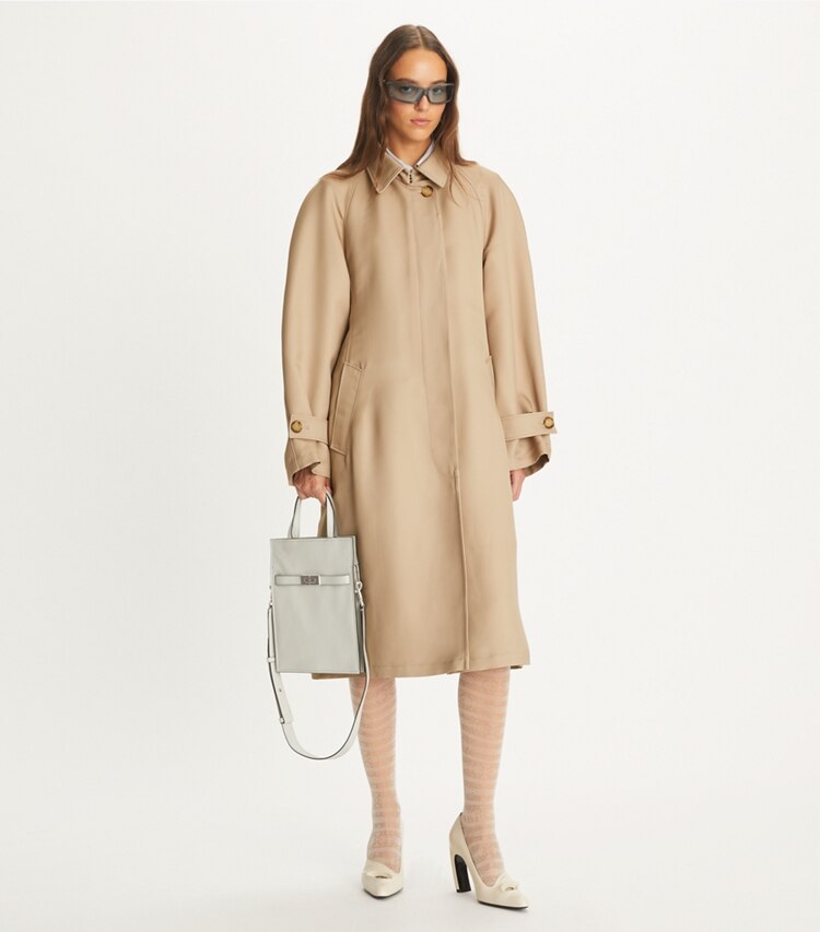 Tory Burch designer coats Viscose Trench Coat in Beige Sky on model front