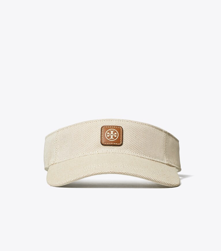 Tory Burch diseñador sombreros Visera de lona con logotipo en Natural Brown frente