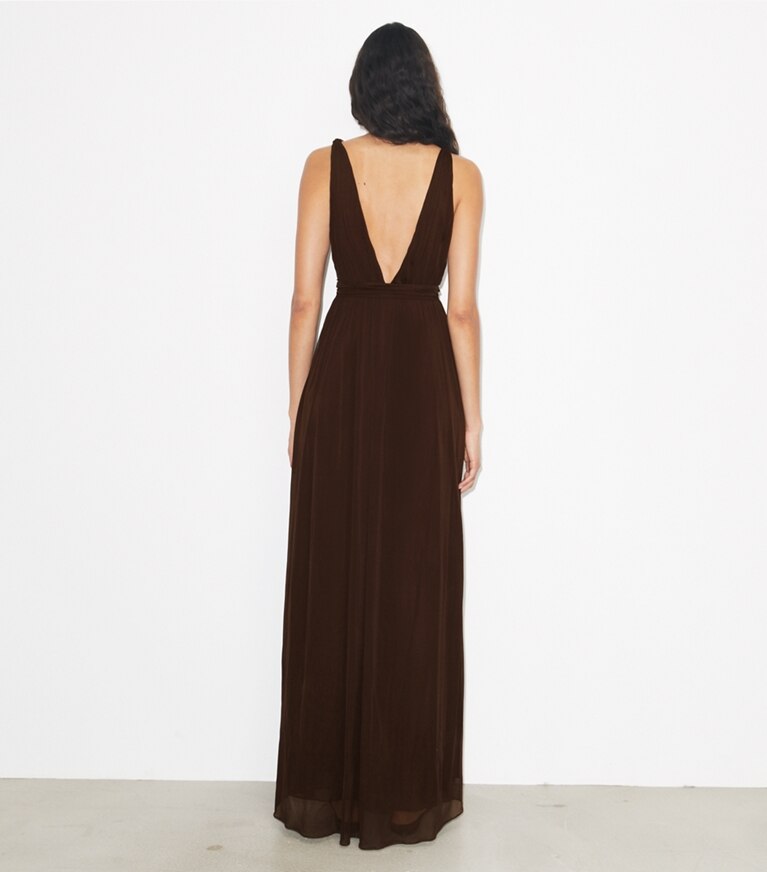 Tory Burch designer kleider Viskosekleid mit V-Ausschnitt in Dark Cocoa on model back