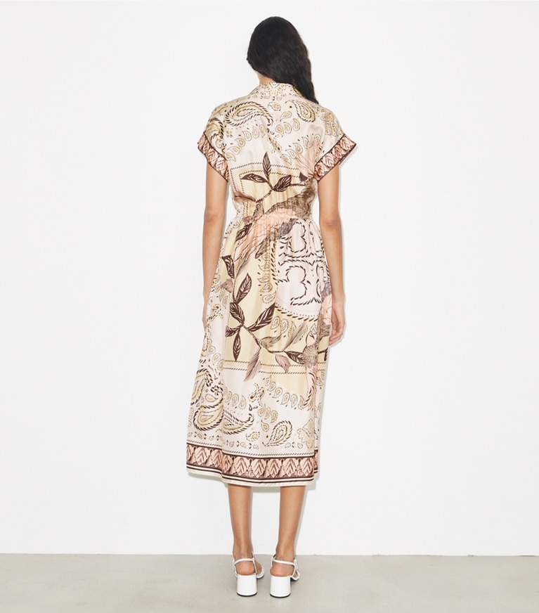 Tory Burch designer dresses Waisted Silk Shirtdress in Pink Cockatoo on model back