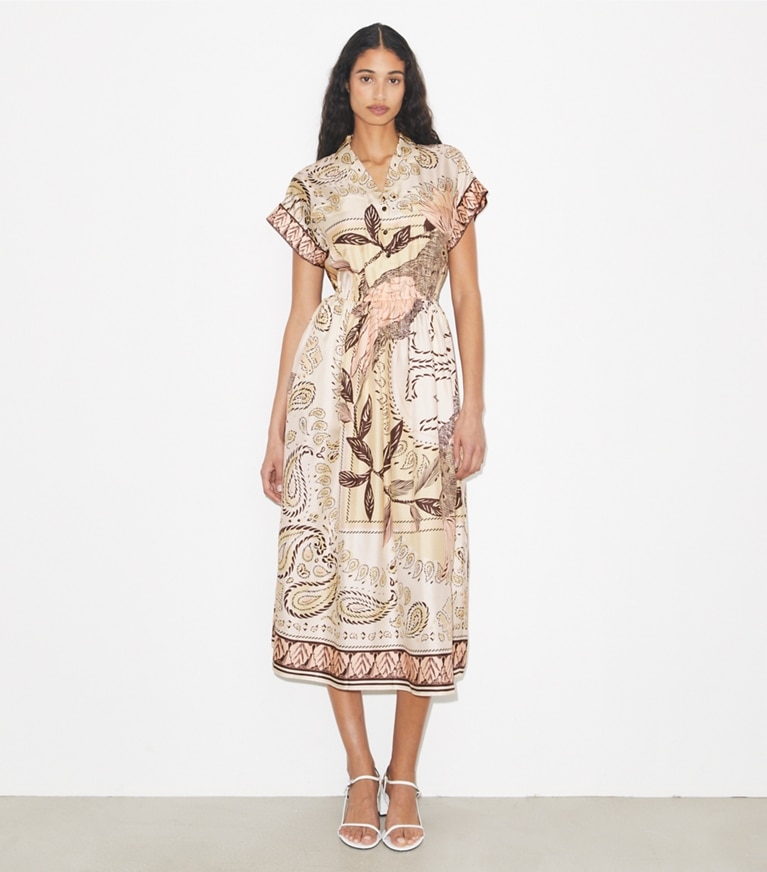 Tory Burch designer dresses Waisted Silk Shirtdress in Pink Cockatoo on model front