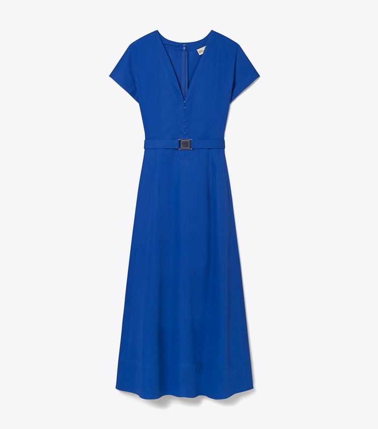 Tory Burch designer dresses Waisted V-Neck Poplin Dress in Duchess Blue front