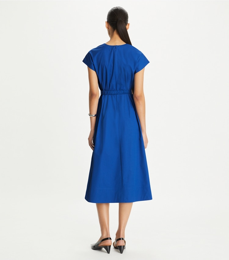 Tory Burch designer dresses Waisted V-Neck Poplin Dress in Duchess Blue on model back