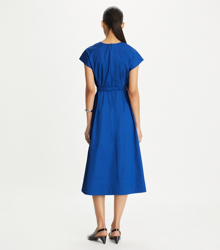 Tory Burch designer dresses Waisted V-Neck Poplin Dress in Duchess Blue front