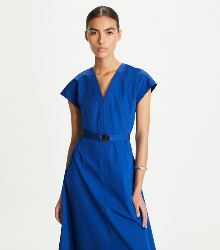 Tory Burch designer dresses Waisted V-Neck Poplin Dress in Duchess Blue front