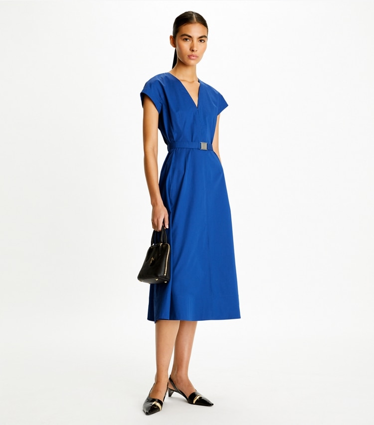 Tory Burch designer dresses Waisted V-Neck Poplin Dress in Duchess Blue on model front