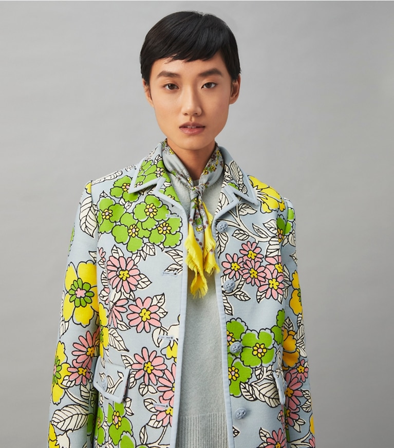 Tory Burch designer scarves Wallpaper Floral Neckerchief in Pale Blue overhead