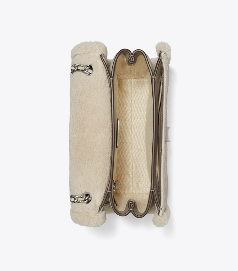 Tory Burch designer schultertaschen Wandelbare Fleming Schultertasche mit weichem Lammfell in Cotton Grey von oben