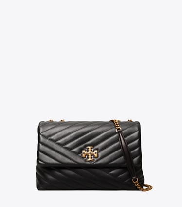 Tory Burch designer schultertaschen Wandelbare Kira Schultertasche mit Chevron-Steppung in Black / Rolled Brass front