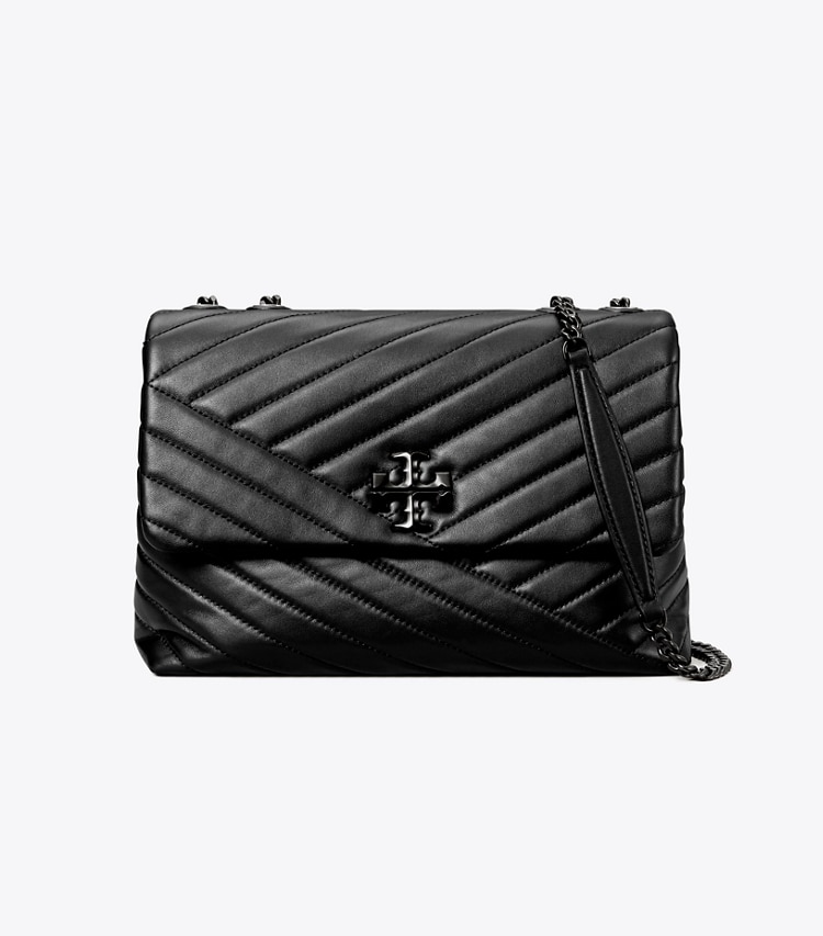Tory Burch designer schultertaschen Wandelbare Kira Schultertasche mit Chevron-Steppung und pulverbeschichtetem Detail in Black / Silver front