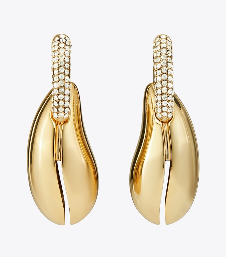 Tory Burch designer earrings Wave Hoop Earring in Light Brass / Crystal front