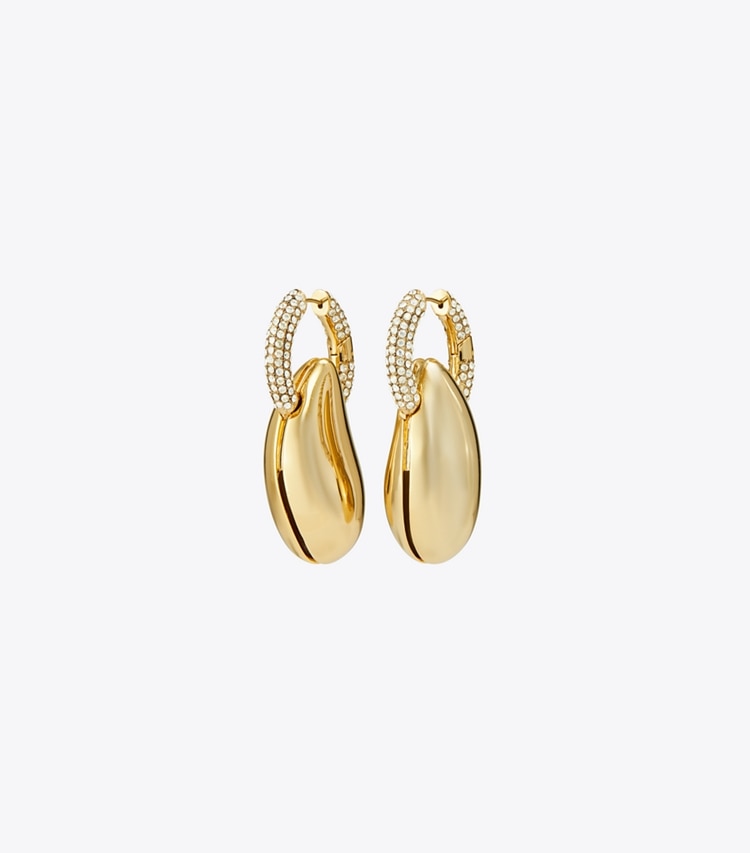 Tory Burch designer earrings Wave Hoop Earring in Light Brass / Crystal front