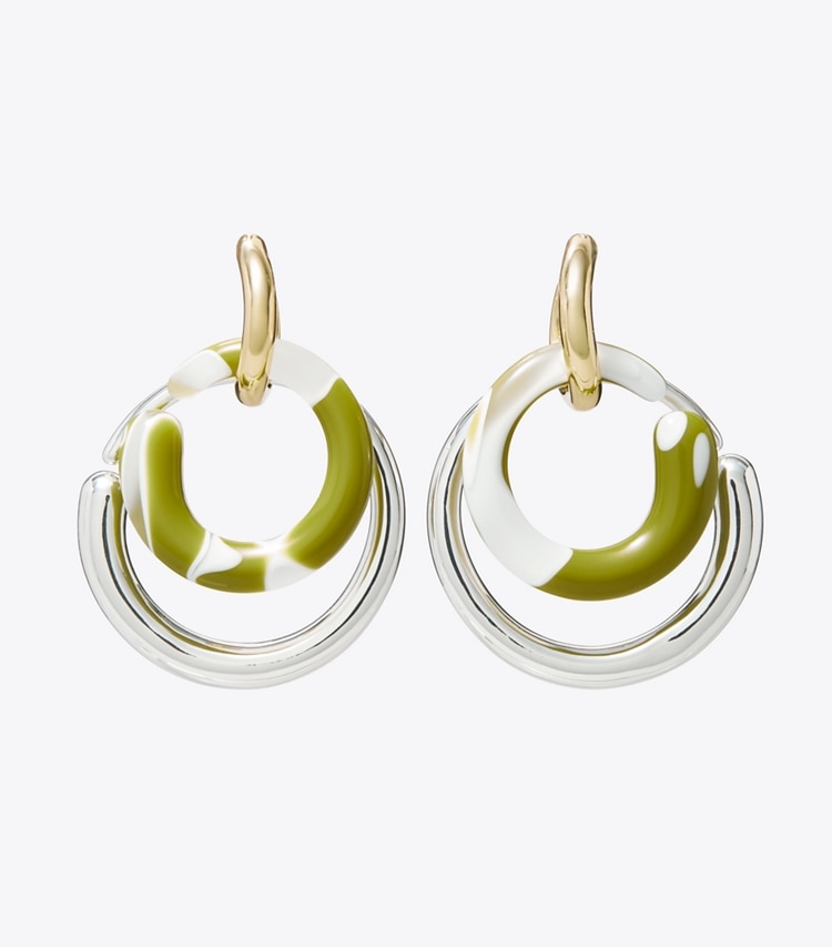Tory Burch designer イヤリング＆ピアス ウェーブ ステートメントピアス in Light Silver / Light Brass / Green Swirl front