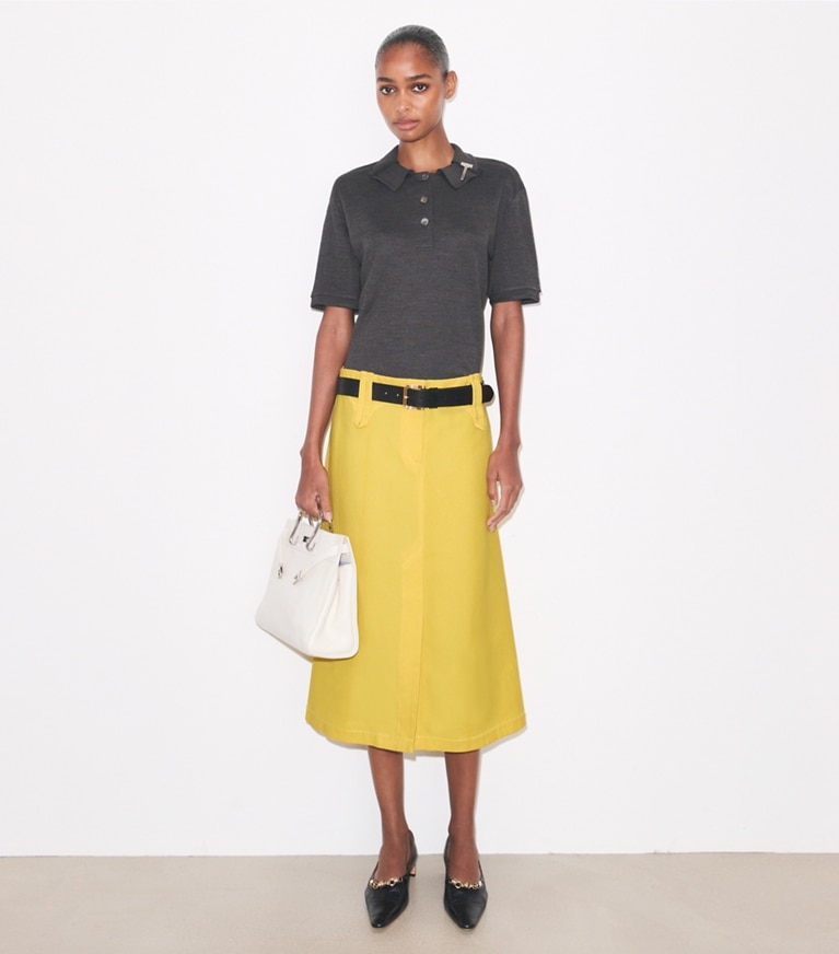 Tory Burch designer bottoms Waxed Canvas Skirt in Banana on model front