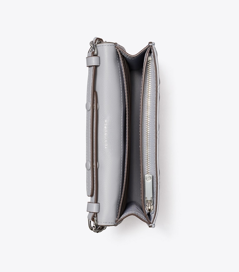 Tory Burch designer kleine taschen Weiche Fleming Geldbörse aus poliertem Narbenleder mit Kette in Slate angle