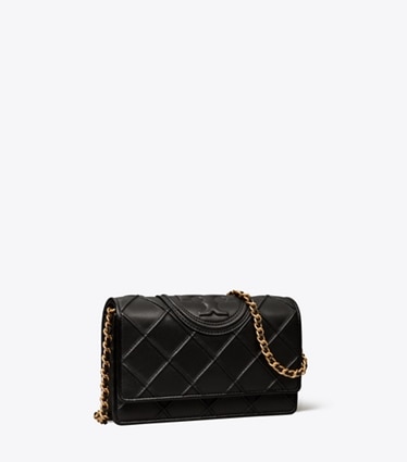 Tory Burch designer crossbody bags Weiche Fleming Geldbörse mit Kettenriemen in Black angle