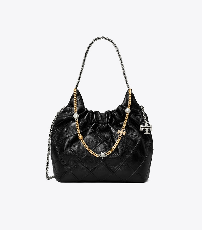 Tory Burch designer crossbody bags Weiche Fleming Mini Bag in Used-Optik mit Tunnelzug in Black angle