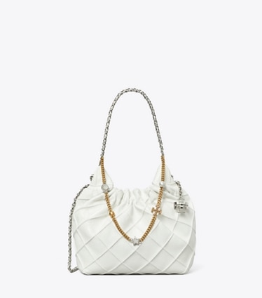 Tory Burch designer crossbody bags Weiche Fleming Mini Bag in Used-Optik mit Tunnelzug in Blanc front
