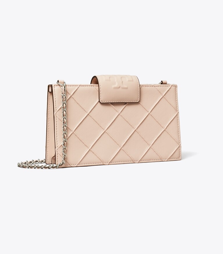 Tory Burch designer kleine taschen Weiche Fleming Mini-Geldbörse mit Kettenriemen in Soft Pink angle