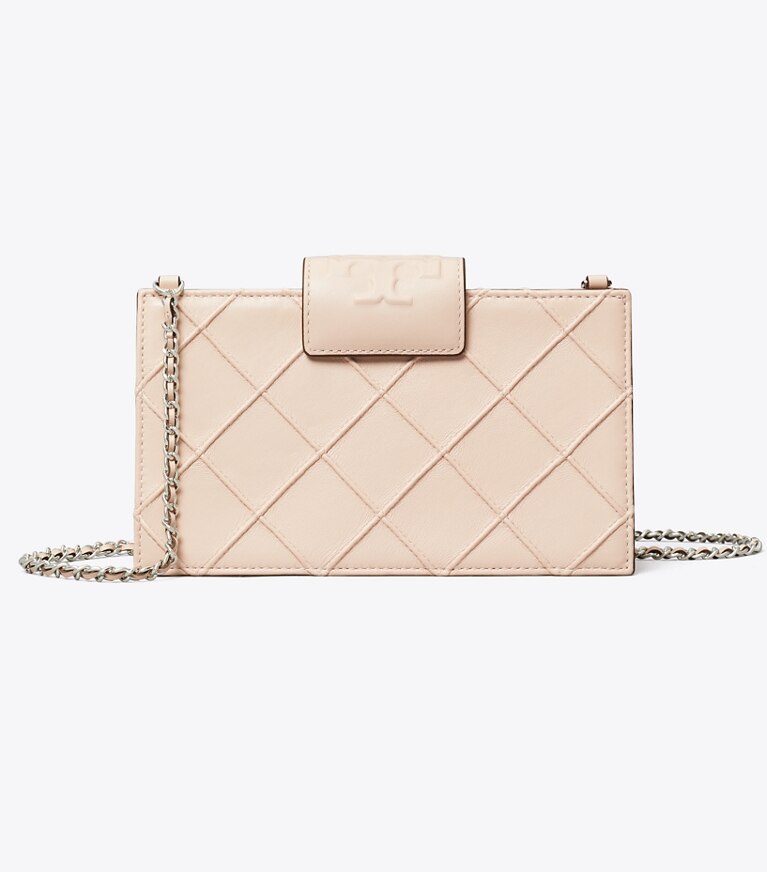 Tory Burch designer kleine taschen Weiche Fleming Mini-Geldbörse mit Kettenriemen in Soft Pink angle