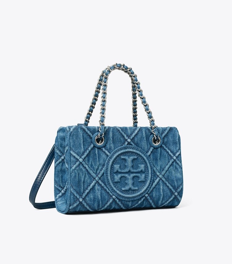 Tory Burch designer crossbody bags Weiche Fleming Mini Tote Bag aus Denim mit Kette in Denim angle
