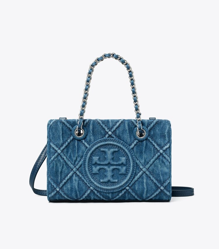 Tory Burch designer crossbody bags Weiche Fleming Mini Tote Bag aus Denim mit Kette in Denim front