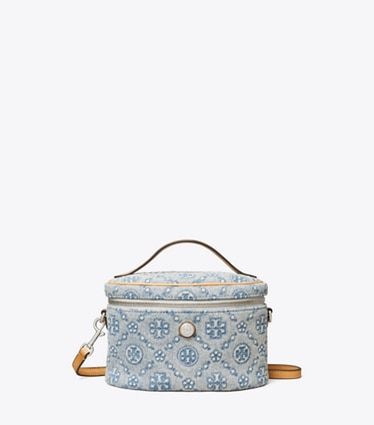 Tory Burch designer kleine taschen Weiche Kosmetiktasche aus Denim mit T-Monogramm in Powder Blue front