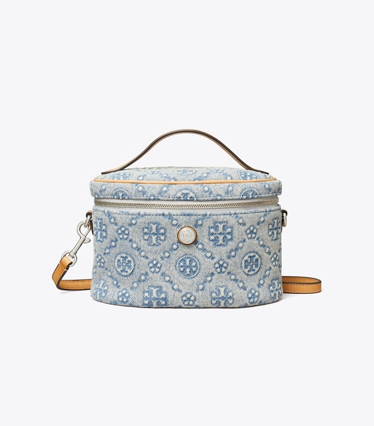 Tory Burch designer kleine taschen Weiche Kosmetiktasche aus Denim mit T-Monogramm in Powder Blue front
