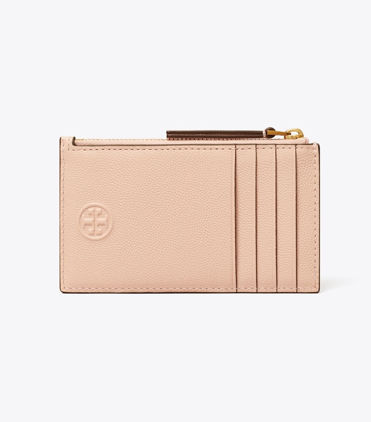 Tory Burch designer kartenetuis Weiches Fleming Kartenetui aus poliertem Narbenleder mit Reißverschluss in Pink Dawn zurück