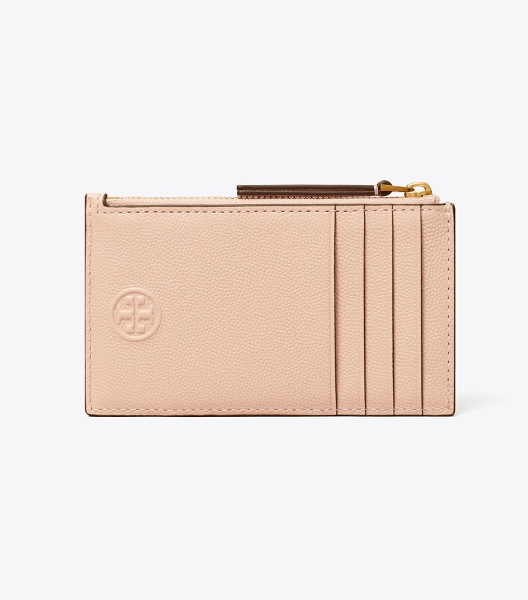 Tory Burch designer kartenetuis Weiches Fleming Kartenetui aus poliertem Narbenleder mit Reißverschluss in Pink Dawn angle