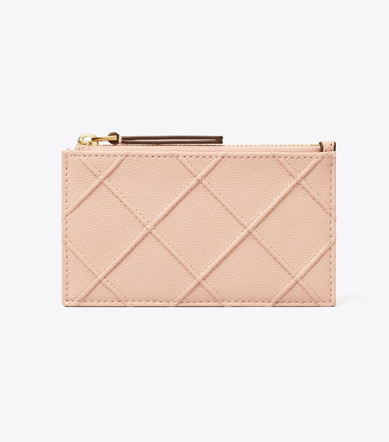 Tory Burch designer kartenetuis Weiches Fleming Kartenetui aus poliertem Narbenleder mit Reißverschluss in Pink Dawn angle