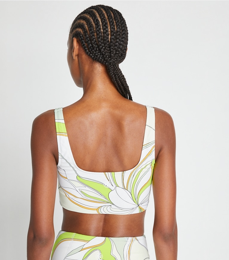 Tory Sport designer sports bras Weightless Printed Long Bra in Chartreuse Twisty Flower front
