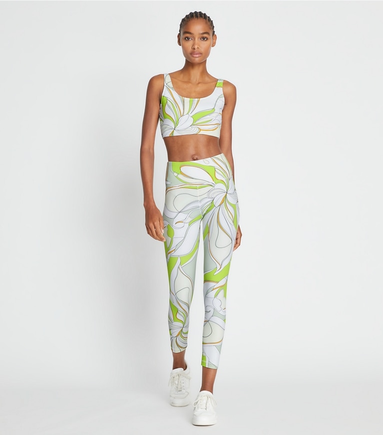 Tory Sport designer sports bras Weightless Printed Long Bra in Chartreuse Twisty Flower front